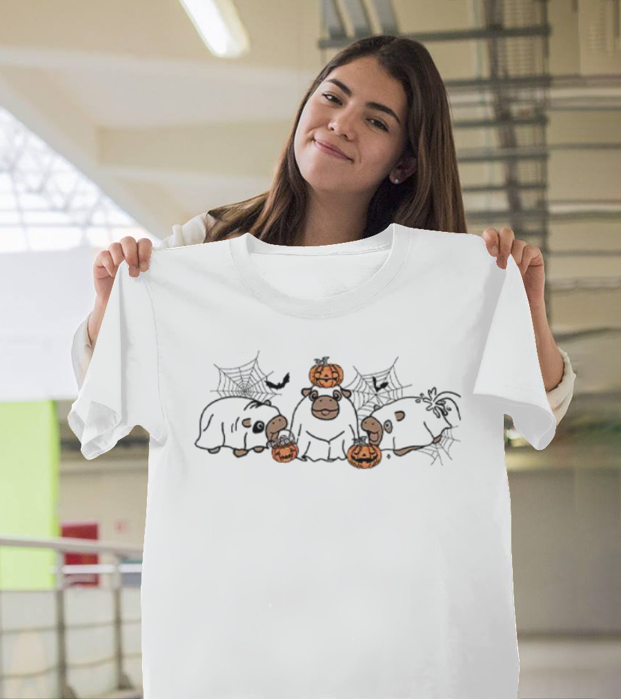 Halloween Moo Deng Ghost with Pumpkins and Spider Webs T-Shirt