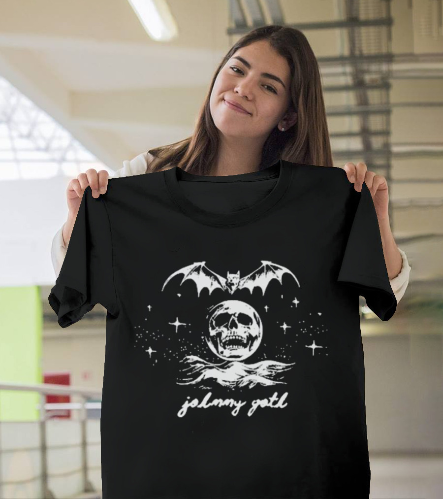Johnny Goth Skull Moon Bat Stars White T-Shirt