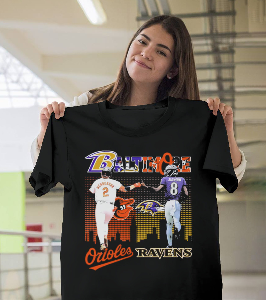 Baltimore Orioles Gunnar Henderson Baltimore Ravens Lamar Jackson City Skyline T-Shirt