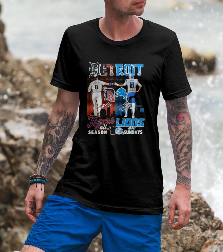 Detroit Tigers All Season X Detroit Lions On Sundays Detroit Tigers Lions Logos Sports Icons Collaboration T-Shirt