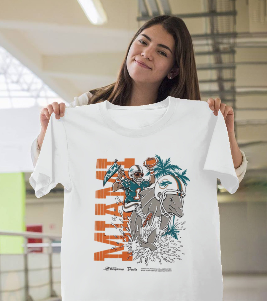 Duvin x Miami Dolphins Miami Flippin' Time with Dolphins Football and Palm Trees T-Shirt