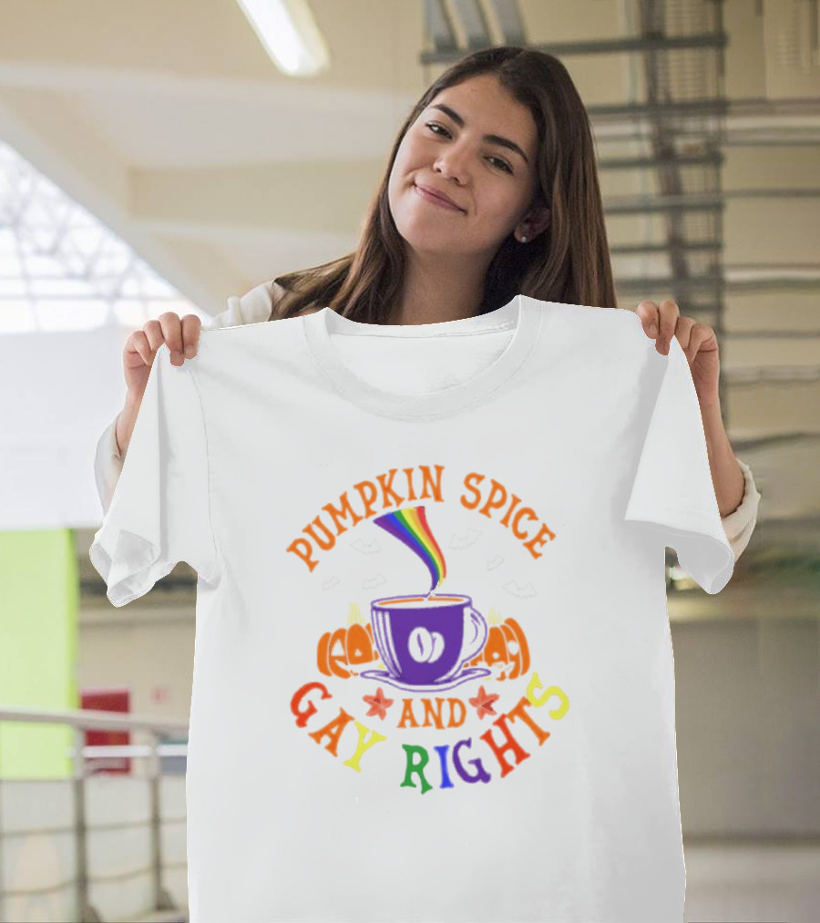 Pumpkin Spice And Gay Rights Rainbow Coffee Cup With Pumpkins And Bats T-Shirt