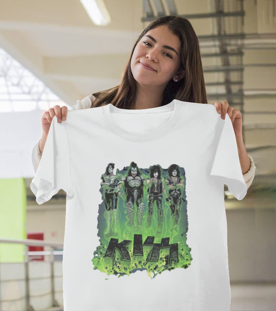 KISS Band Members in Green Glow with Conjuring Bats T-Shirt