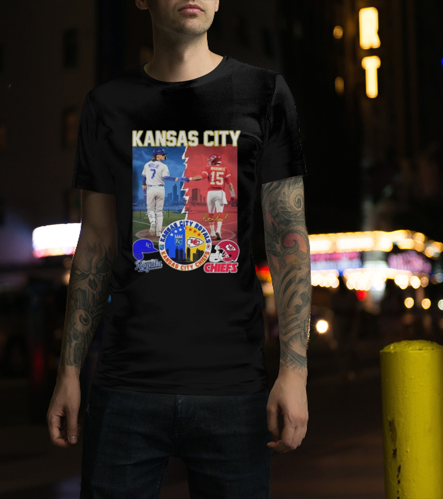 Kansas City Royals Bobby Witt Jr And Chiefs Patrick Mahomes Skyline Logos And Signatures T-Shirt