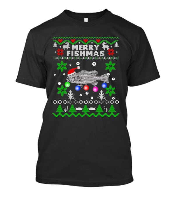 Merry Fishmas Large Mouth Bass Ugly Christmas Fishing Holiday T-Shirt