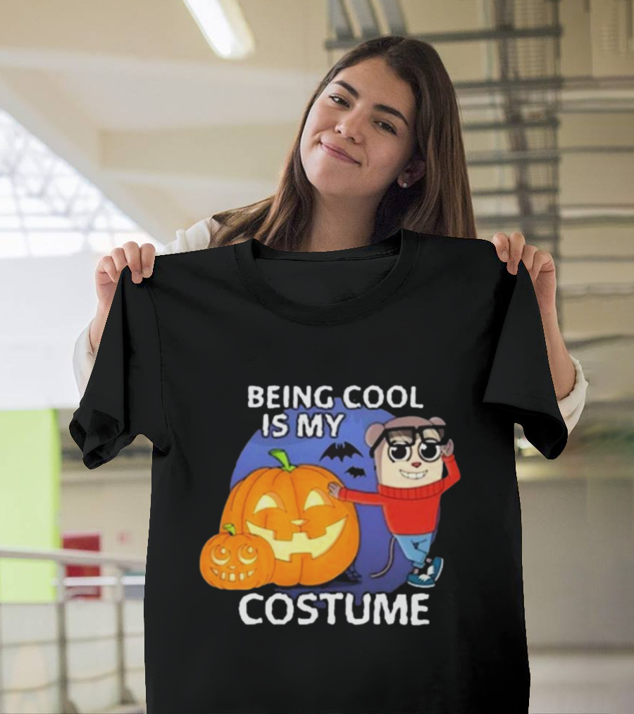 Maxdesignpro Being Cool Is My Costume Halloween 2024 Pumpkin Character with Glasses and Bats T-Shirt