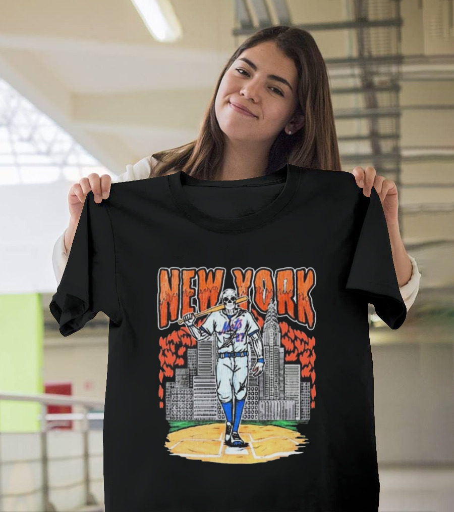Reed Garrett New York Mets MLB Painting Skeleton Batter City Skyline T-Shirt