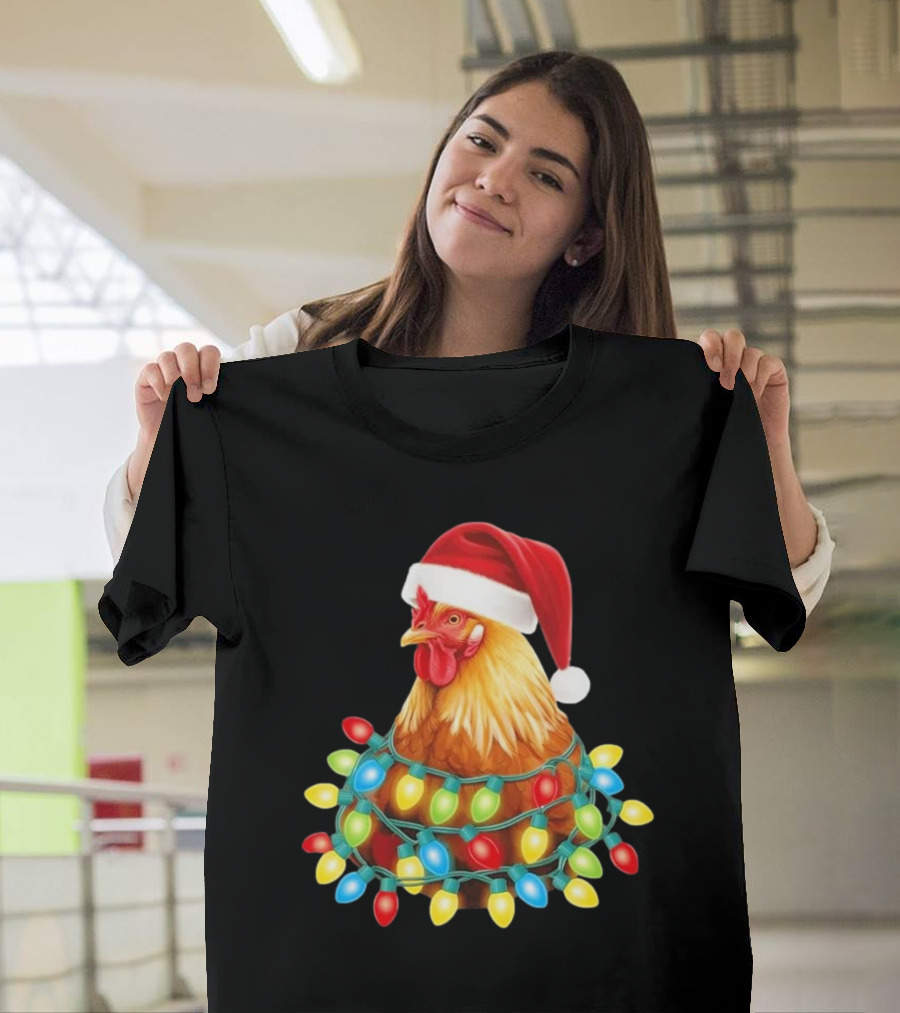 Santa Chicken Christmas Lights Festive Hilarious T-Shirt