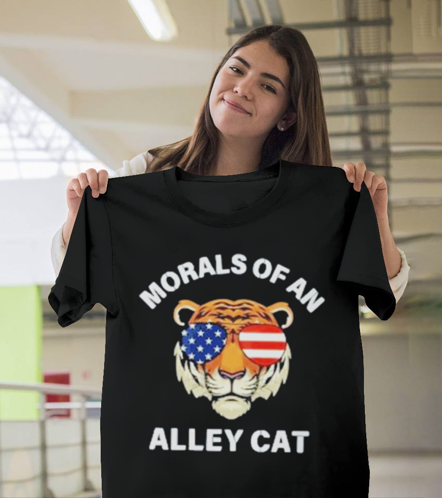 Morals Of An Alley Cat Tiger with American Flag Sunglasses T-Shirt