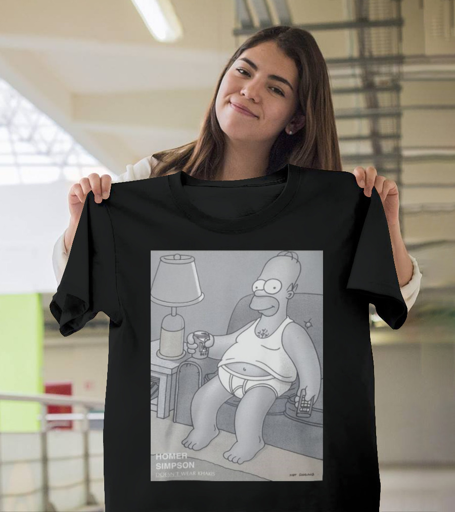 Homer Simpson Doesn't Wear Khakis Sitting Couch Drink Can Remote Control T-Shirt