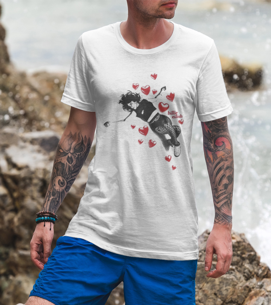 Billie Eilish Surrounded By Floating Red Hearts Valentine T-Shirt