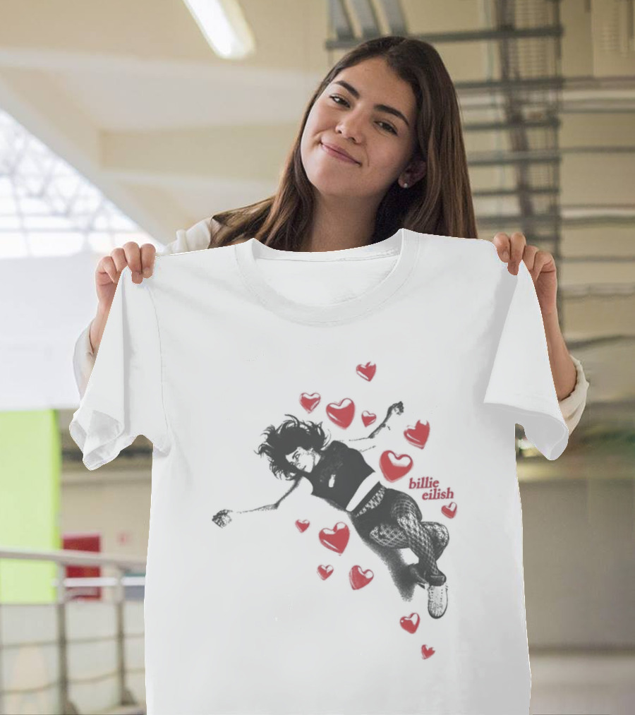 Billie Eilish Surrounded by Floating Red Hearts Valentine T-Shirt