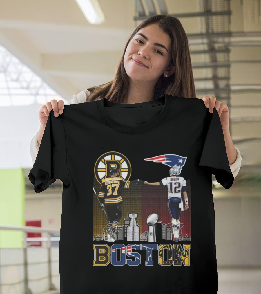 Boston Bruins Bergeron New England Patriots Tom Brady Champions Signatures 2024 Stanley Cup Super Bowl T-Shirt
