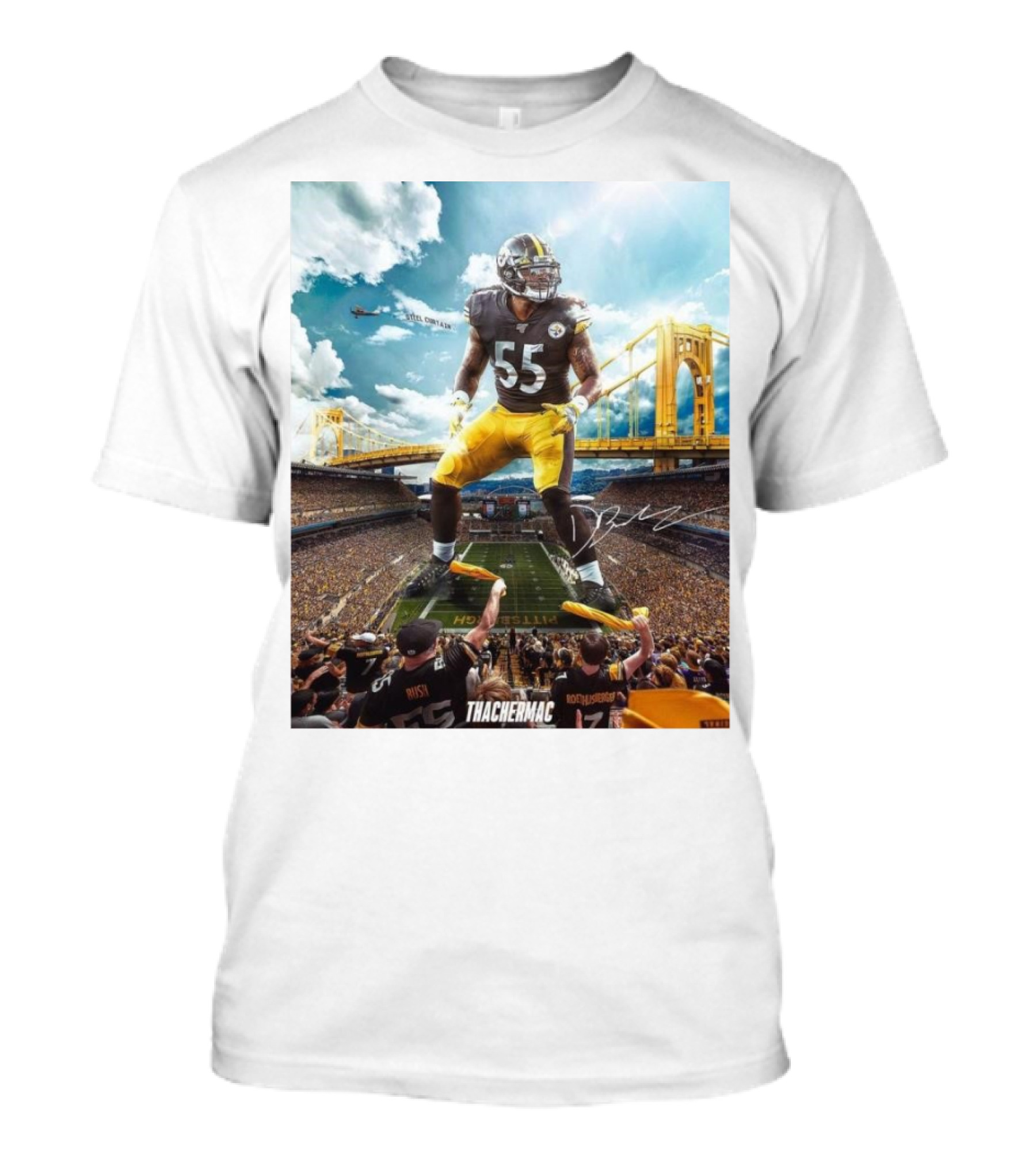 Thachermac Pittsburgh Steelers 55 Player In Stadium With Signature And Bridge Background T-Shirt