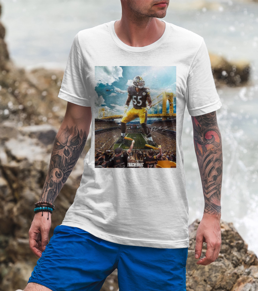Thachermac Pittsburgh Steelers 55 Player In Stadium With Signature And Bridge Background T-Shirt