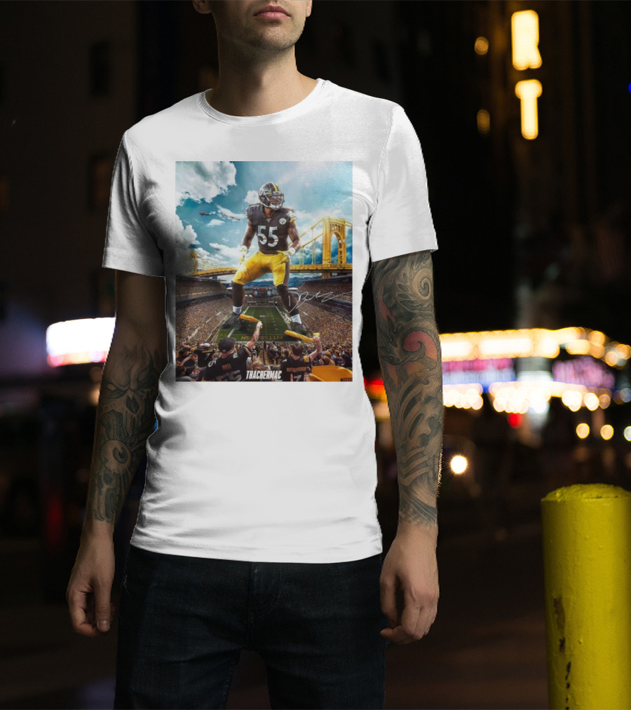 Thachermac Pittsburgh Steelers 55 Player In Stadium With Signature And Bridge Background T-Shirt