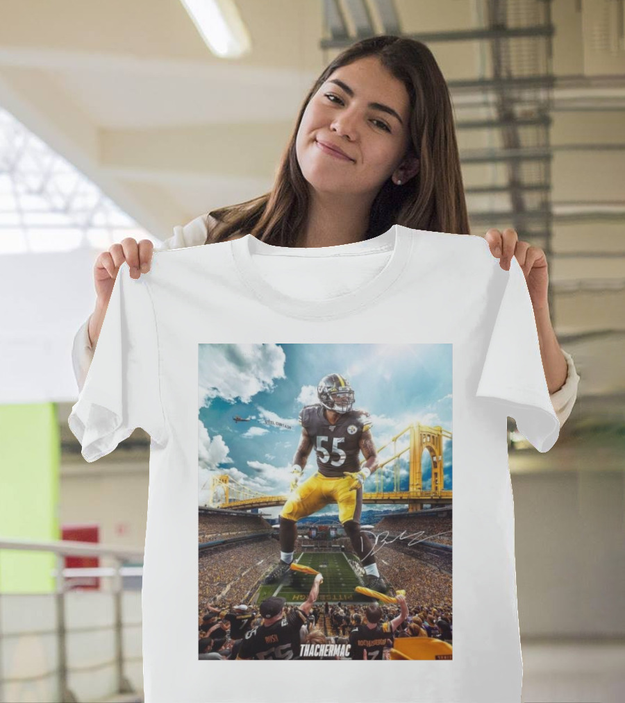 Thachermac Pittsburgh Steelers 55 Player In Stadium With Signature And Bridge Background T-Shirt