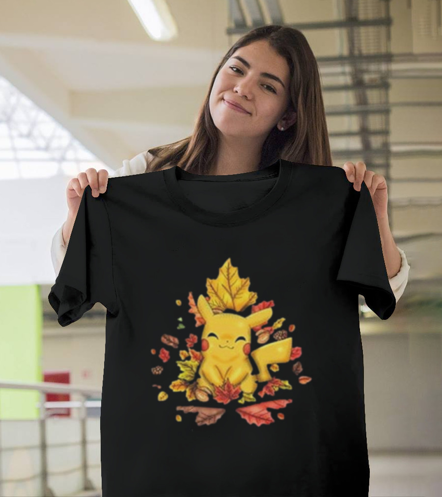 Pikachu Surrounded By Autumn Leaves And Acorns T-Shirt