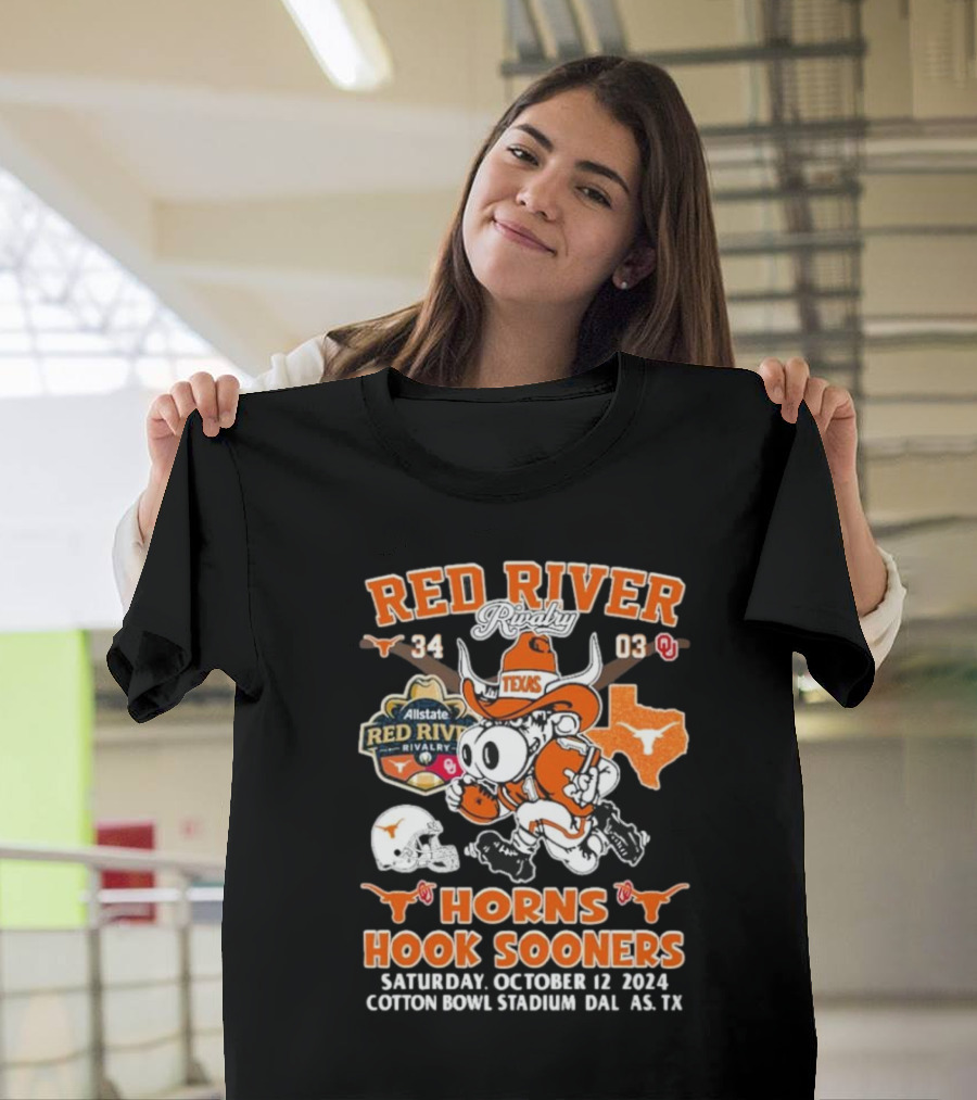 Red River Rivalry Texas Longhorns Horns Hook Sooners October 12 2024 Cotton Bowl Stadium T-Shirt
