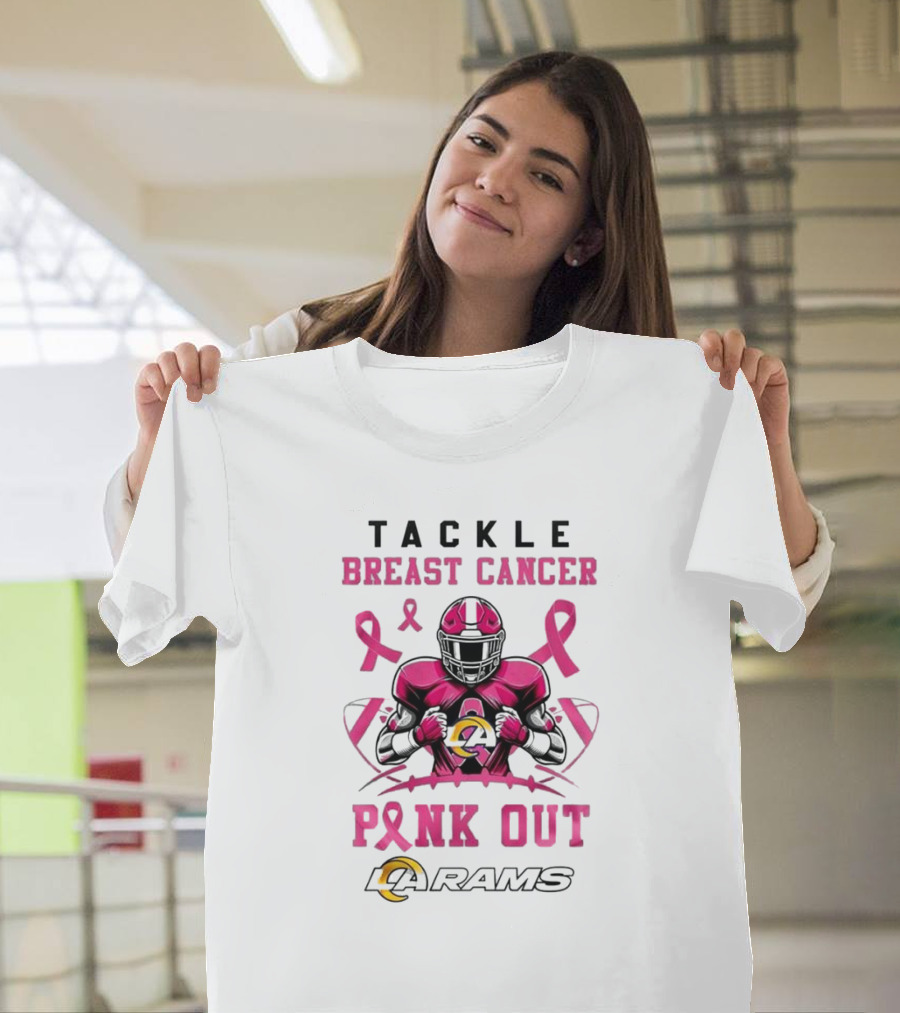 Los Angeles Rams Tackle Breast Cancer Pink Out 2024 Pink Ribbon Football Player T-Shirt