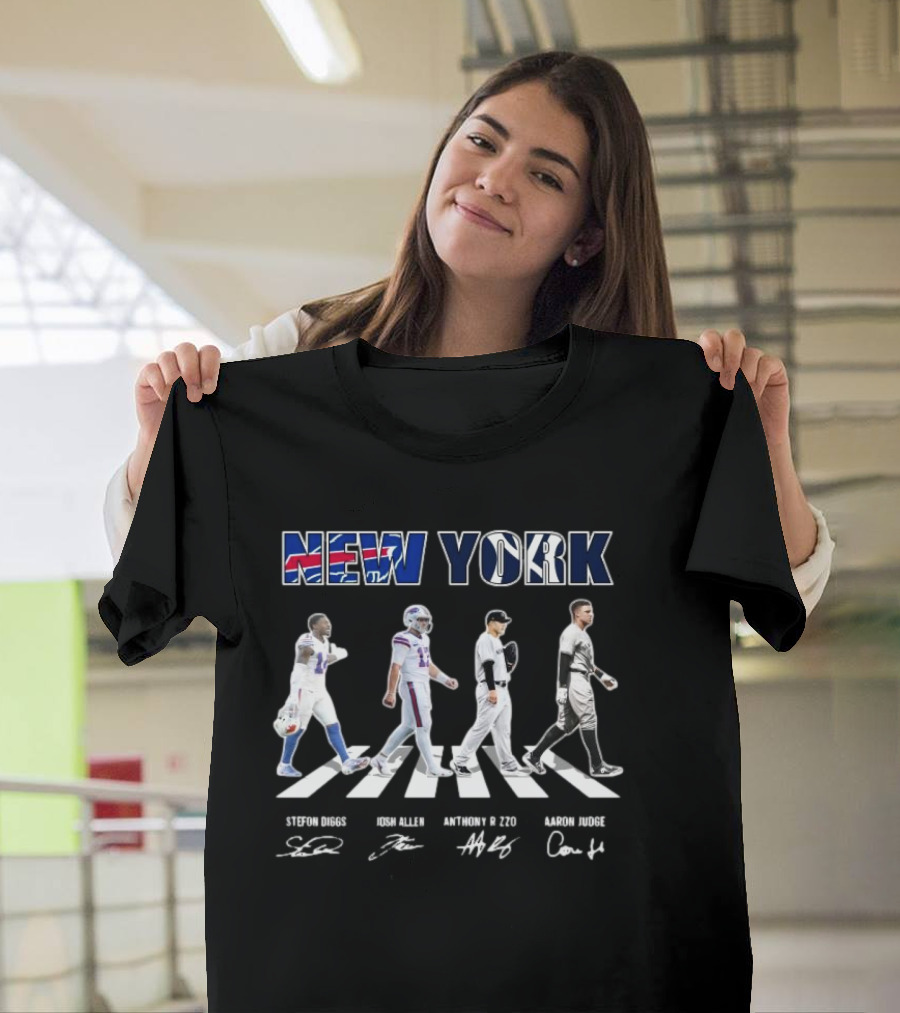 New York Teams Buffalo Bills Yankees Stefon Diggs Josh Allen Anthony Rizzo Aaron Judge Walking Signatures T-Shirt