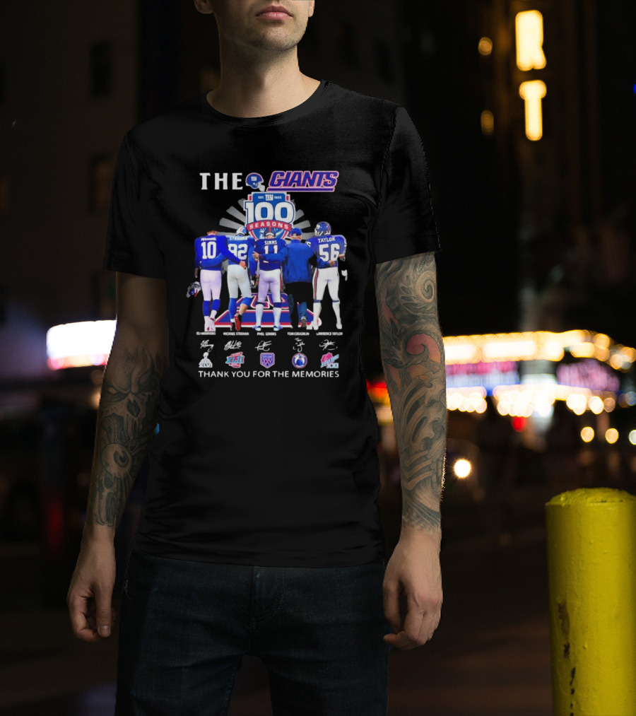 THE GIANTS 100 SEASONS Eli Manning Michael Strahan Phil Simms Tom Coughlin Lawrence Taylor Thank You For The Memories T-Shirt