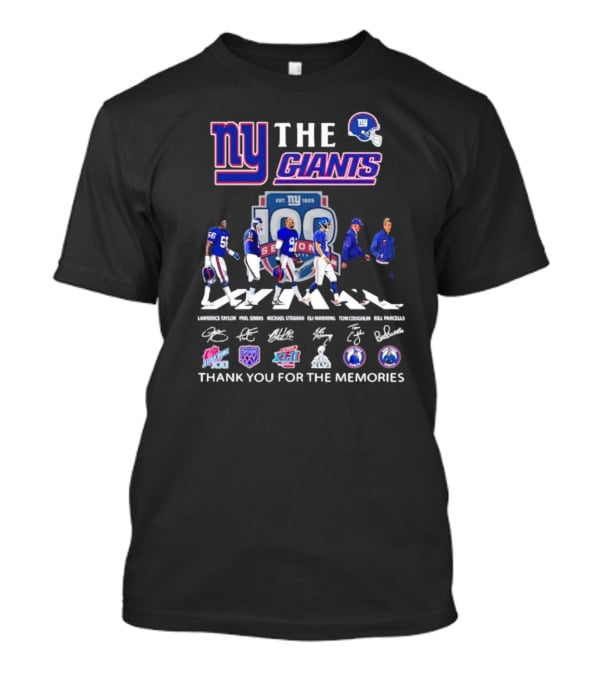 NY Giants 100 Seasons Abbey Road Lawrence Taylor Phil Simms Michael Strahan Eli Manning Tom Coughlin Bill Parcells Signatures Thank You For The Memories T-Shirt