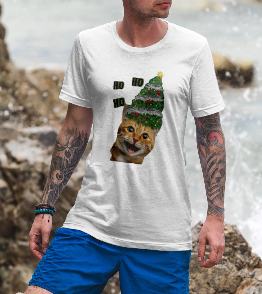 Cat With Christmas Tree Hat Ho Ho Ho Christmas T-Shirt