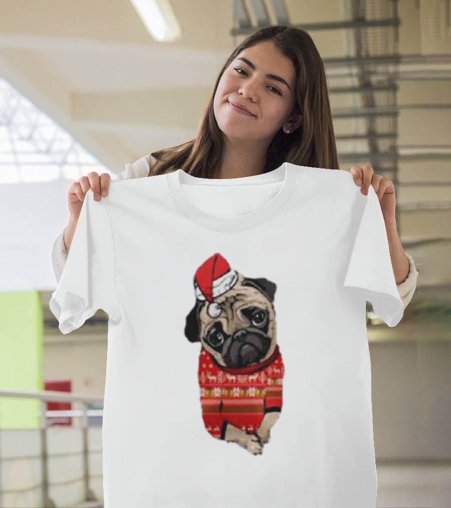 Lovely Pug Christmas Sweater Santa Hat Holiday T-Shirt