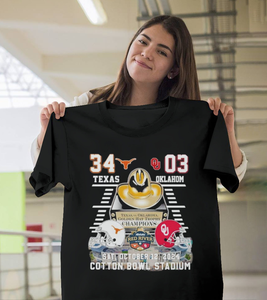 Texas vs Oklahoma Red River Showdown 2024 Golden Hat Trophy Champions Cotton Bowl Stadium October 12 T-Shirt