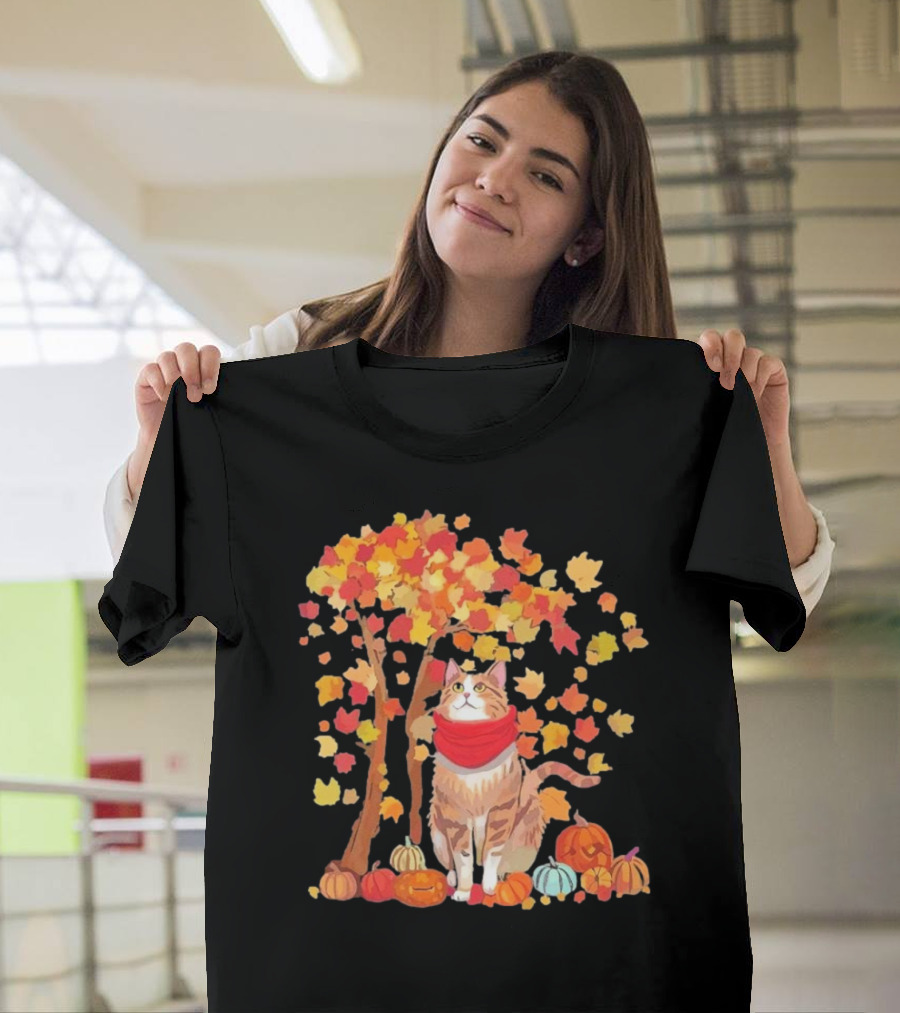 ItS Fall YAll Cat Leaf Fall Tree Hello Autumn Thanksgiving Pumpkin Scarf T-Shirt