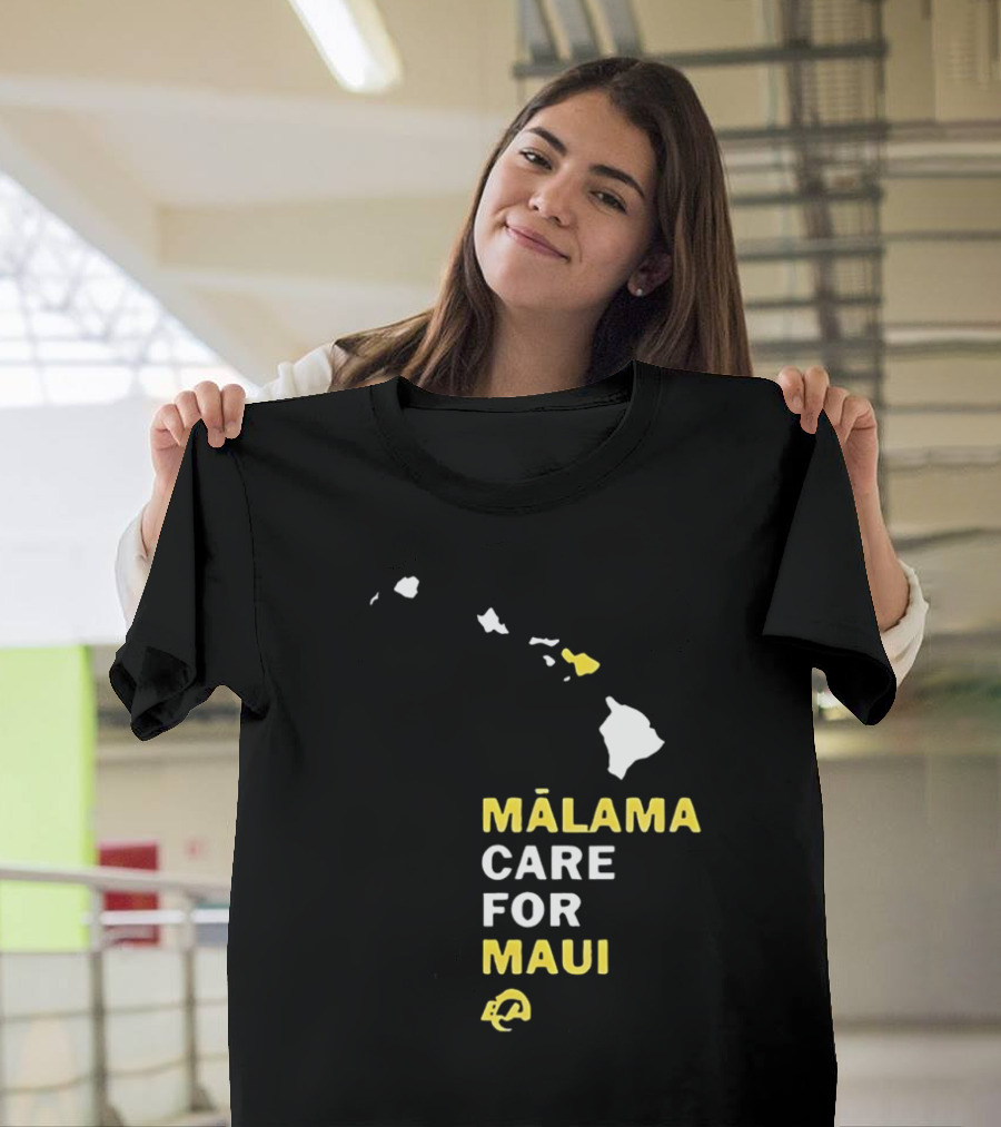 Mālama Care for Maui Los Angeles Rams Support with Hawaiian Islands Map T-Shirt