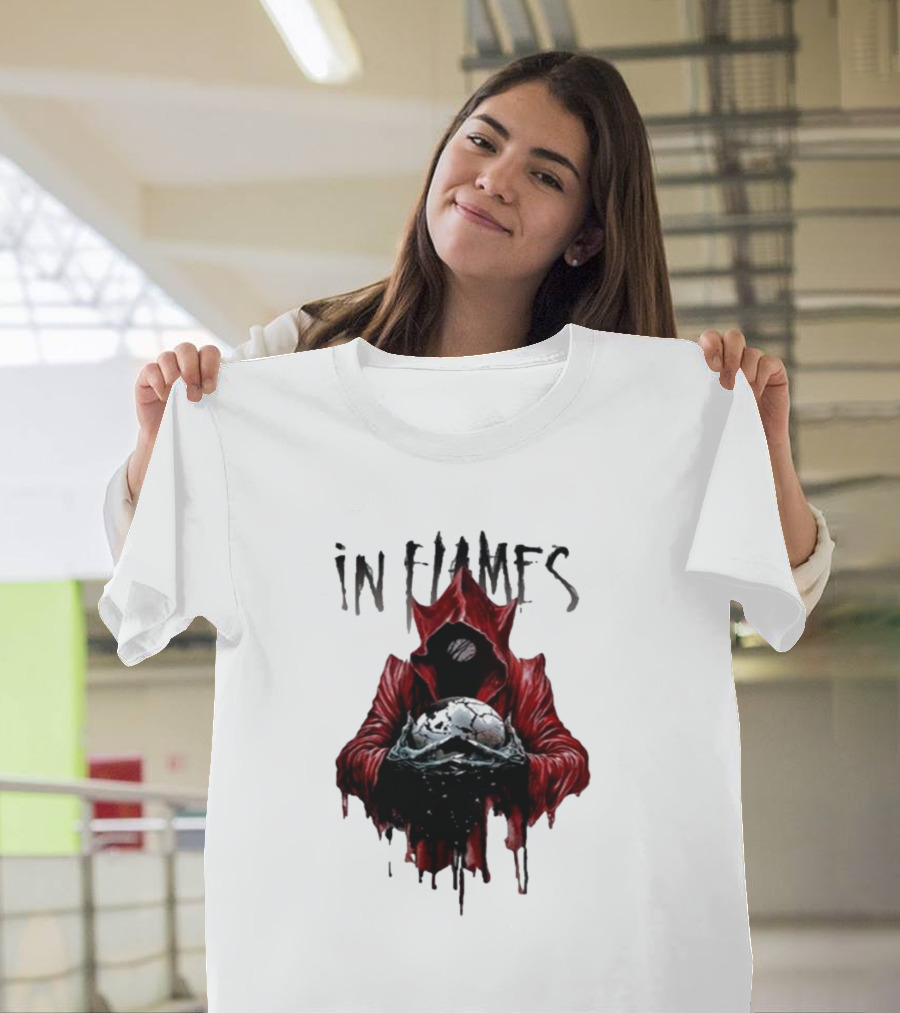 In Flames Siren Charms Red Hooded Figure Holding Cracked Mask T-Shirt