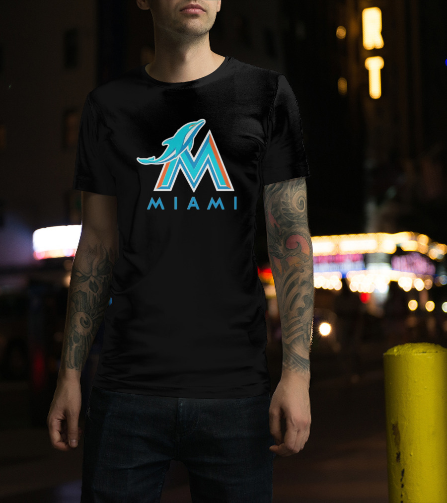 NFL X MLB Miami Dolphins X Miami Marlins M Logo Mashup Miami T-Shirt
