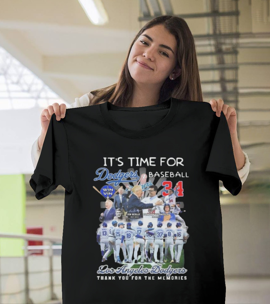 Los Angeles Dodgers It's Time For Baseball Thank You For The Memories Vin Scully 34 Signatures T-Shirt