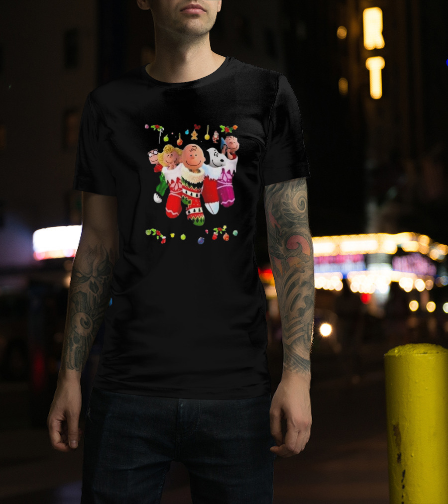 Peanuts Snoopy Charlie Brown Christmas Stockings Santa Claus Friends Holiday Cheer T-Shirt