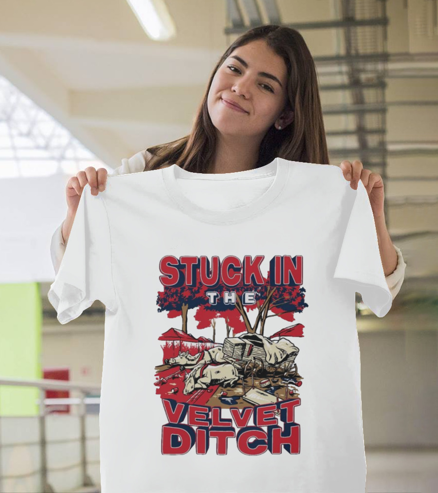 Stuck In The Velvet Ditch Ole Miss Rebels Wagon Red Blue Trees T-Shirt