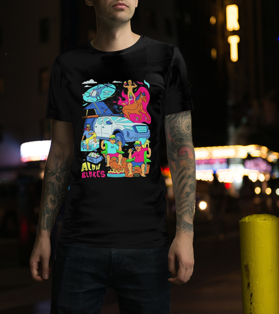 Alpha Blokes Podcast Cartoon Adventure Helicopter Beer Camping Fire T-Shirt
