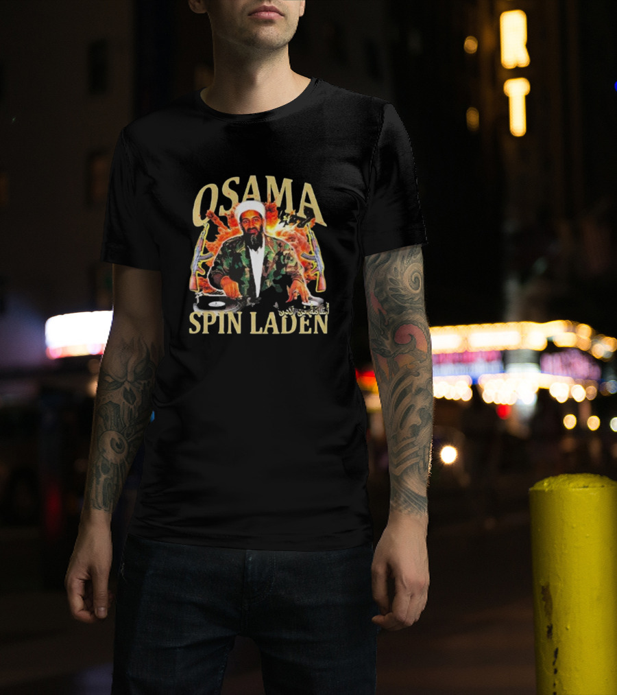 Osama Spin Laden DJ Guns Arabic Text T-Shirt