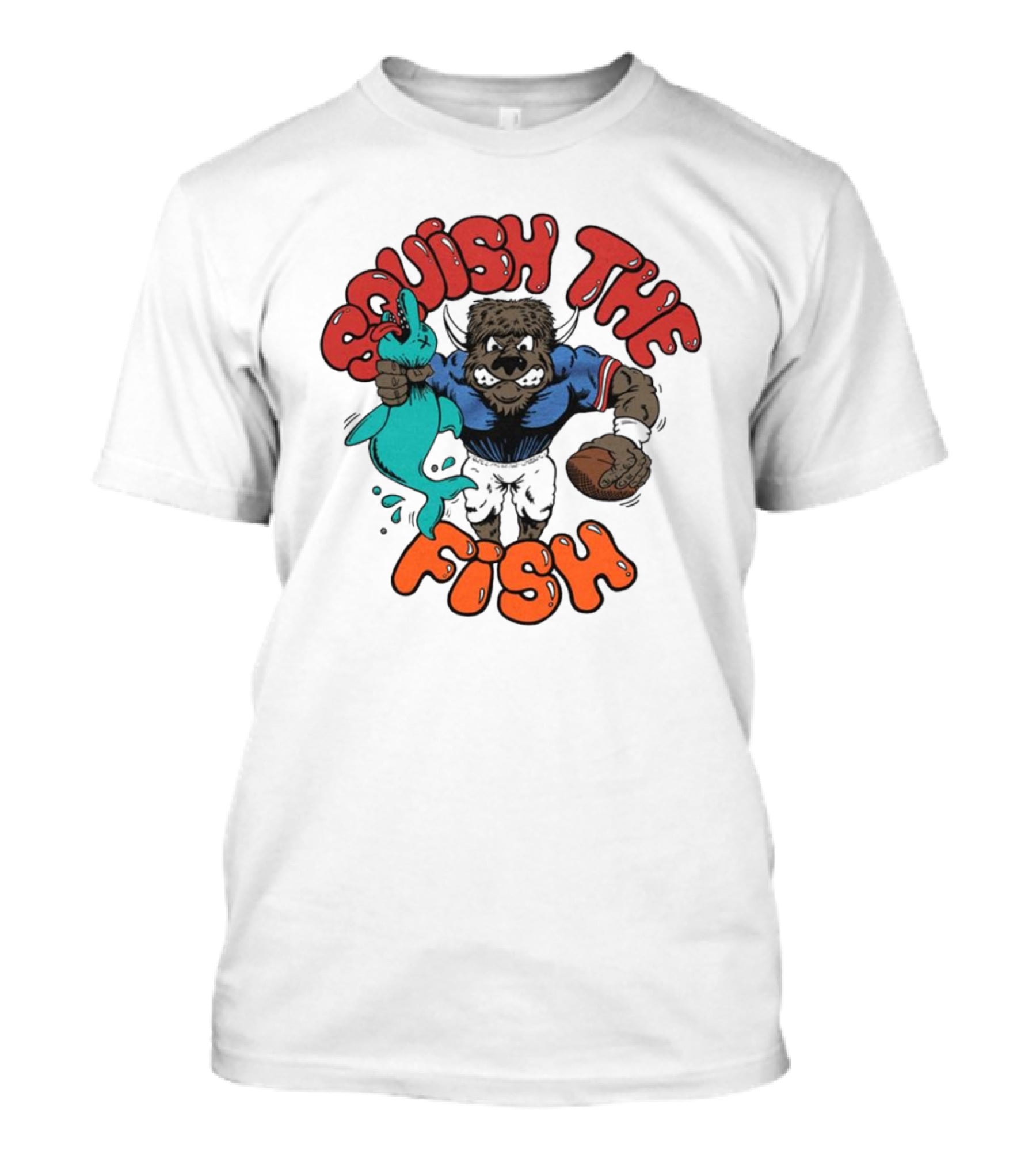 Buffalo Bills NFL Squish The Fish Vintage Rivalry Graphic Featuring Cartoon Football Player And Fish T-Shirt