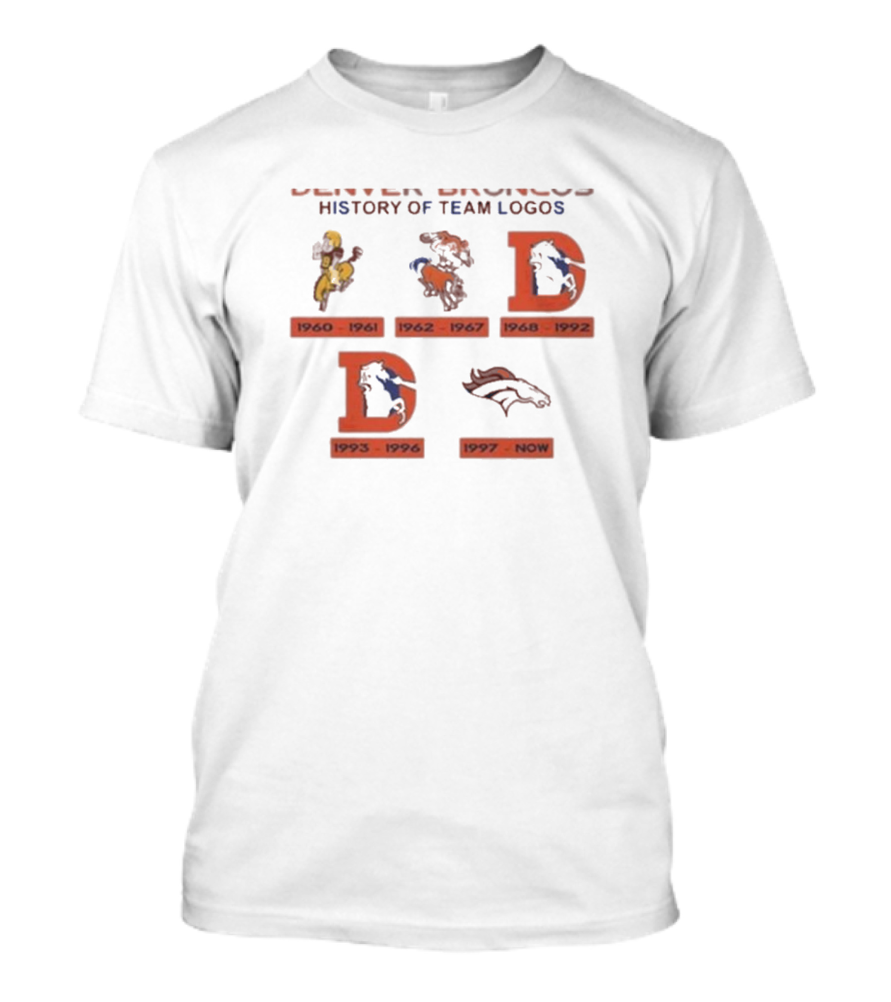 Denver Broncos 1960 1961 1962 1967 1968 1992 1993 1996 1997 Now History Of Team T-Shirt