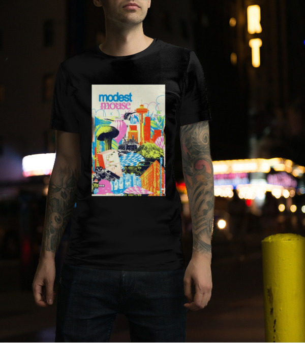 Modest Mouse October 30 2024 Paramount Theatre Seattle WA Colorful Cityscape With Space Needle T-Shirt