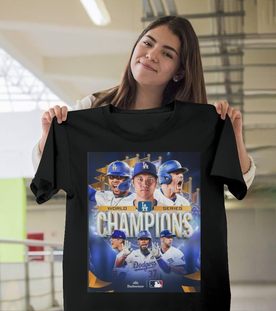 Los Angeles Dodgers 2024 World Series Champions with Players and Budweiser MLB T-Shirt