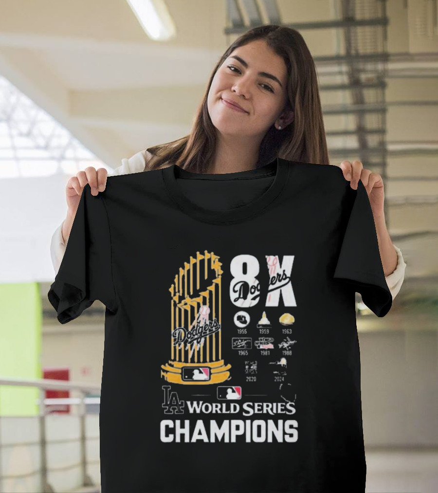 LA Dodgers World Series Champions History 1955-2024 with Trophy T-Shirt