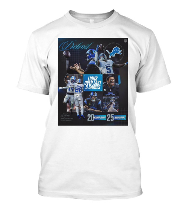 Detroit Lions Over Last 5 Games 20 Incompletions 25 Touchdowns NFL Football Highlights T-Shirt