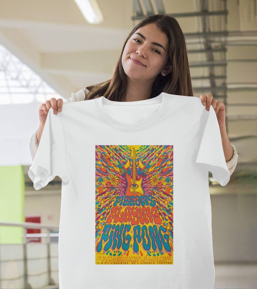 Pigeons Playing Ping Pong 2024 Halloween Run Tour Psychedelic Guitar Art with Flowers and Eye T-Shirt