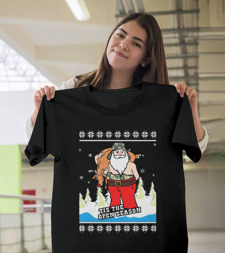 Hunting Santa Tis The Open Season Camouflage Ugly Christmas Sweaters T-Shirt
