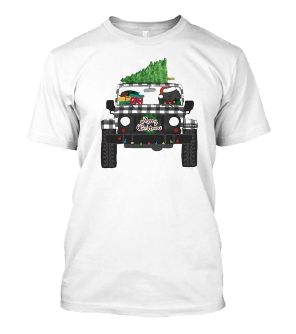 Merry Christmas Black Buffalo Plaid Jeep With Cartoon Labradoodle And Tree T-Shirt