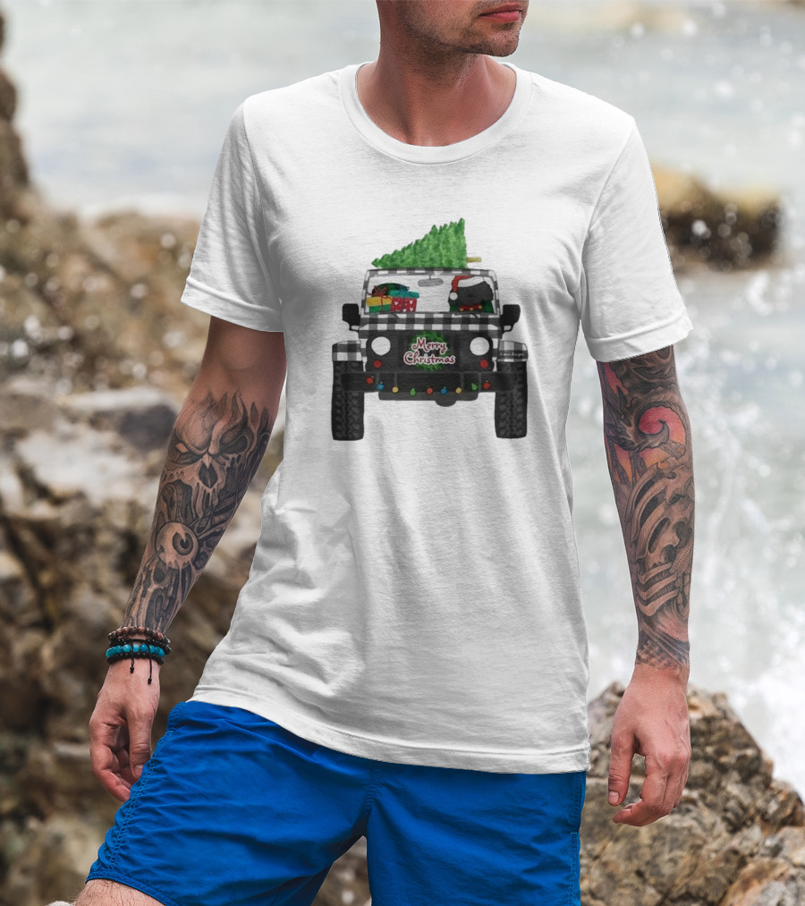 Merry Christmas Black Buffalo Plaid Jeep With Cartoon Labradoodle And Tree T-Shirt
