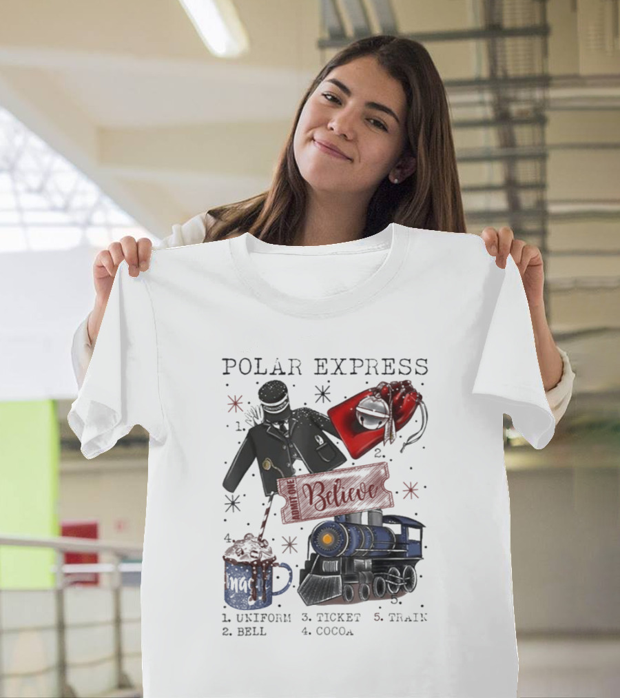 Polar Express Believe Christmas 2024 All Aboard with Uniform Bell Ticket Cocoa Train T-Shirt